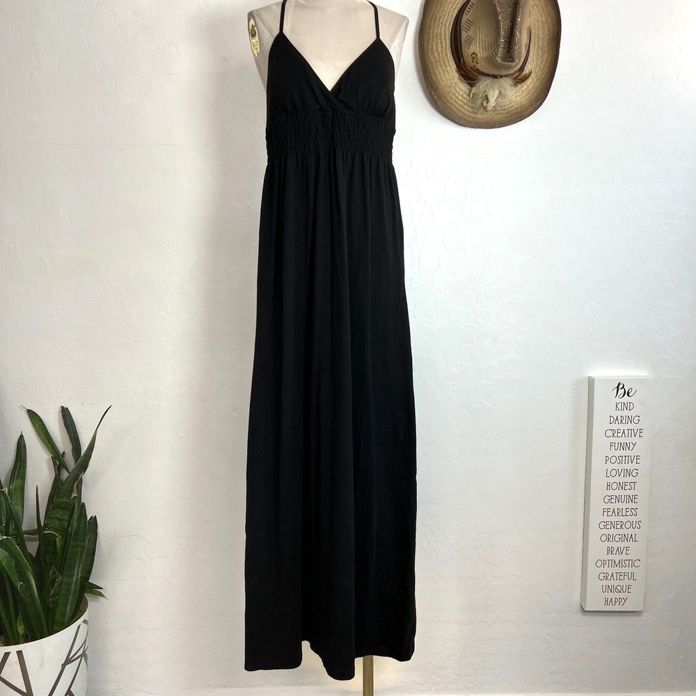 Energie Black Smocked Maxi Sun Dress Halter V-Neck Empire Waist Cotton Large L